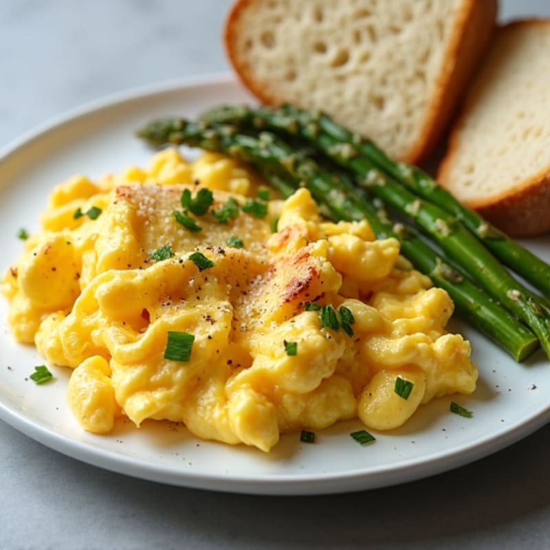 Savory Scrambled Eggs with Roasted Asparagus and Crispy Sourdough