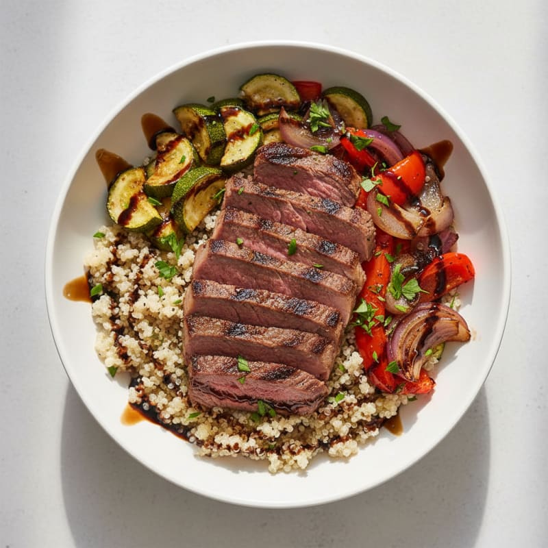 Grilled Beef and Roasted Vegetable Bowl with Quinoa