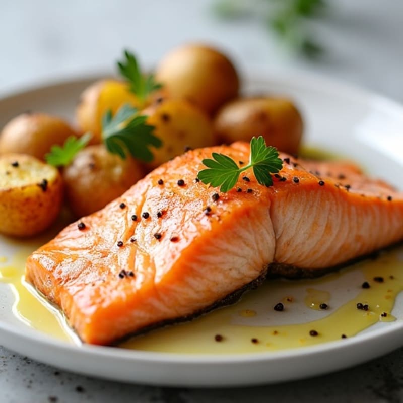 Pan-Seared Salmon with Crispy Garlic Roasted Potatoes