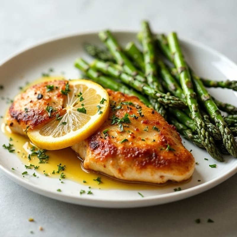Crispy Lemon-Garlic Pan-Seared Chicken with Roasted Asparagus