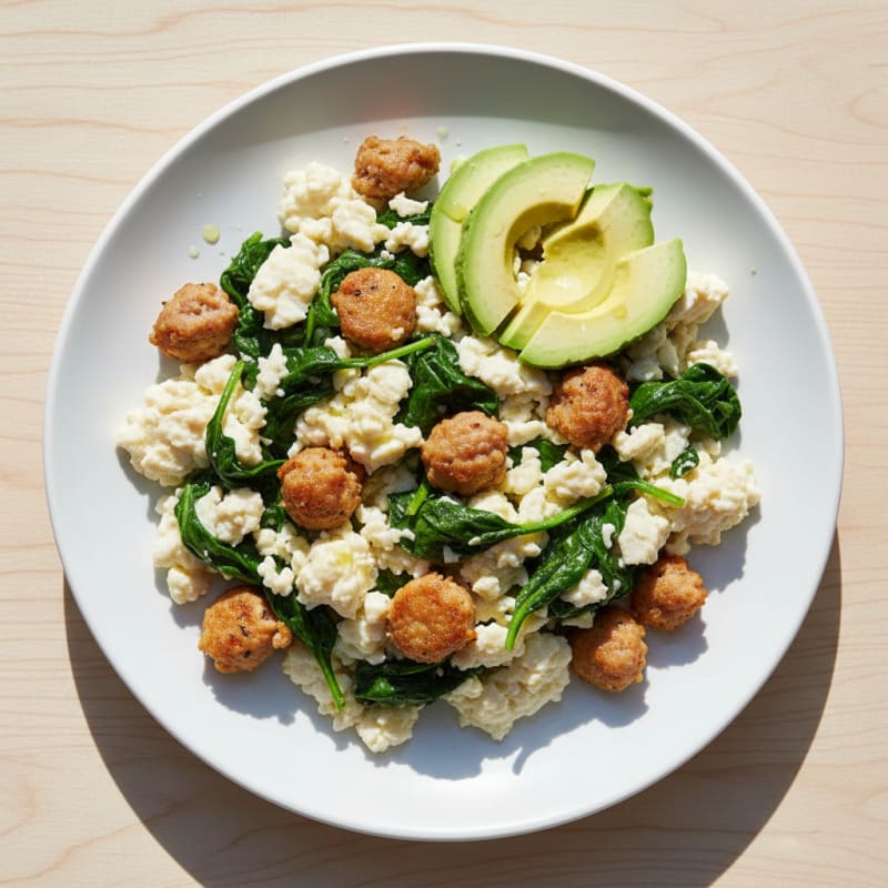 Egg White Scramble with Turkey Sausage and Sautéed Spinach