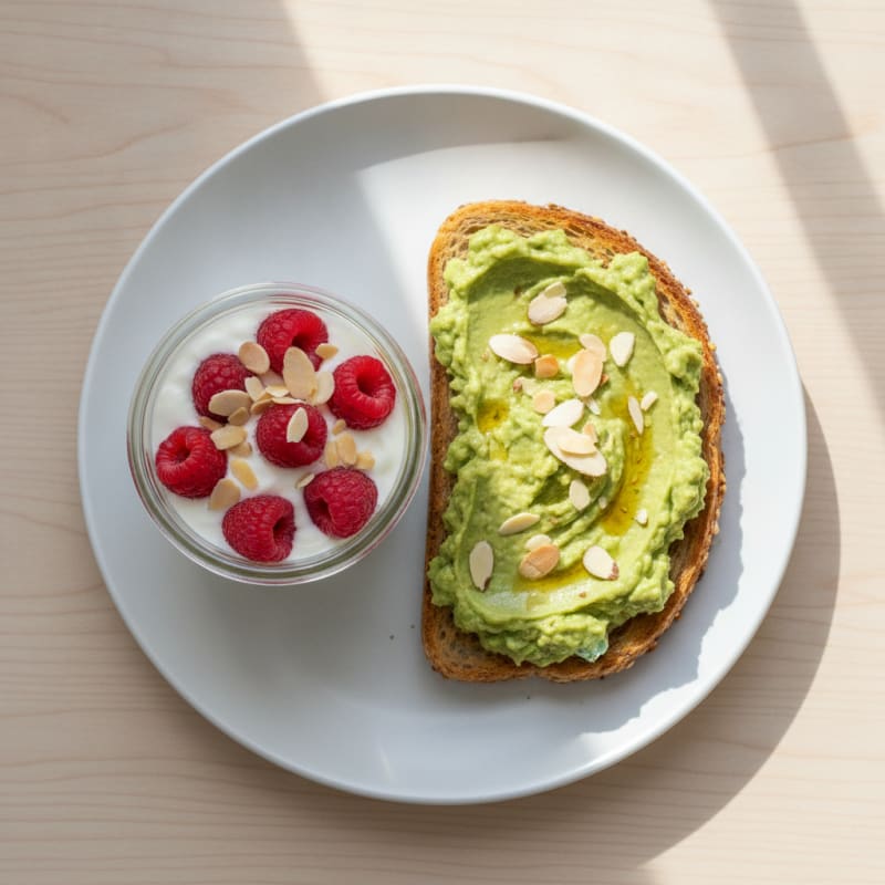 Protein Yogurt Parfait with Almonds and Guacamole Toast
