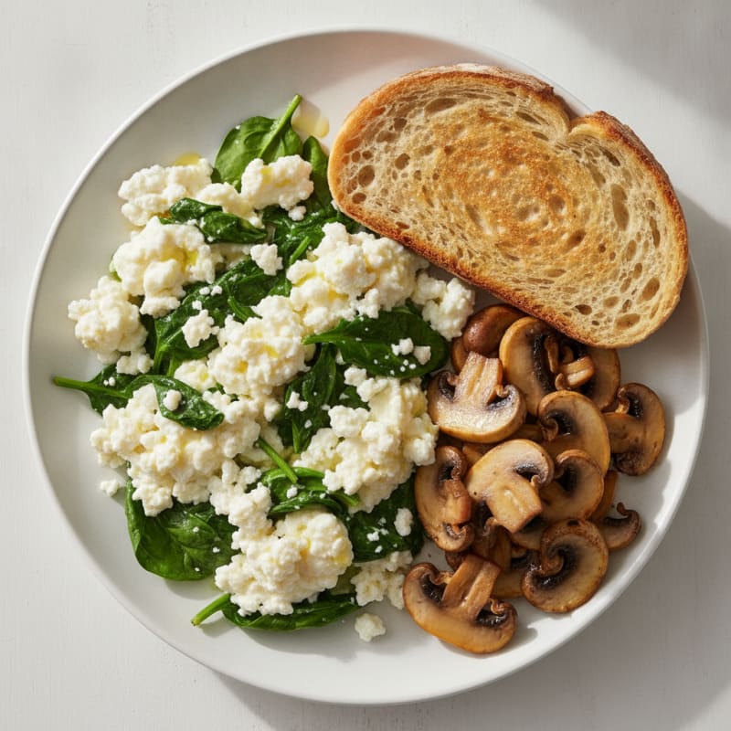 Egg White Spinach Scramble with Cottage Cheese and Sautéed Mushrooms