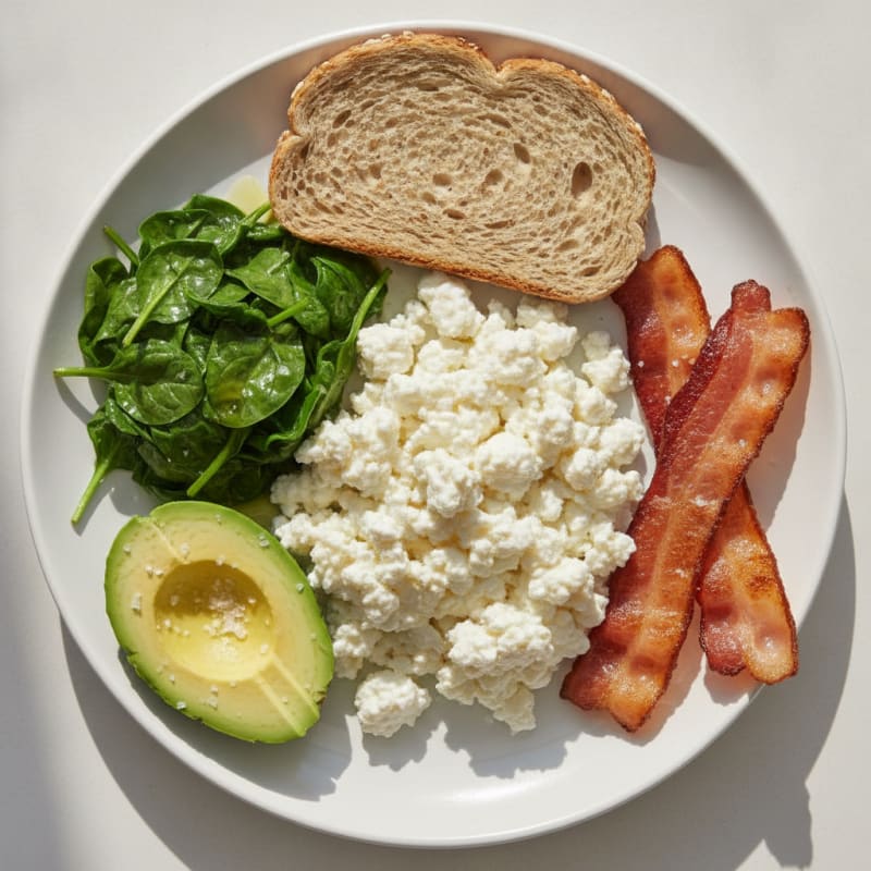 Egg White and Cottage Cheese Scramble with Sautéed Spinach and Turkey Bacon