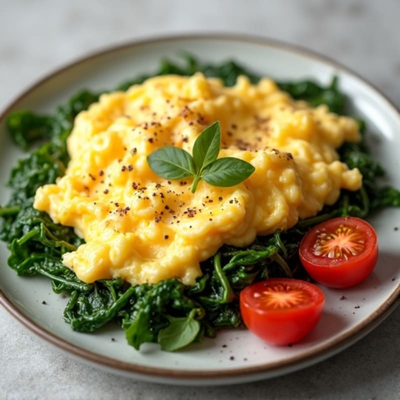 Fluffy Scrambled Eggs with Sautéed Spinach and Cherry Tomatoes
