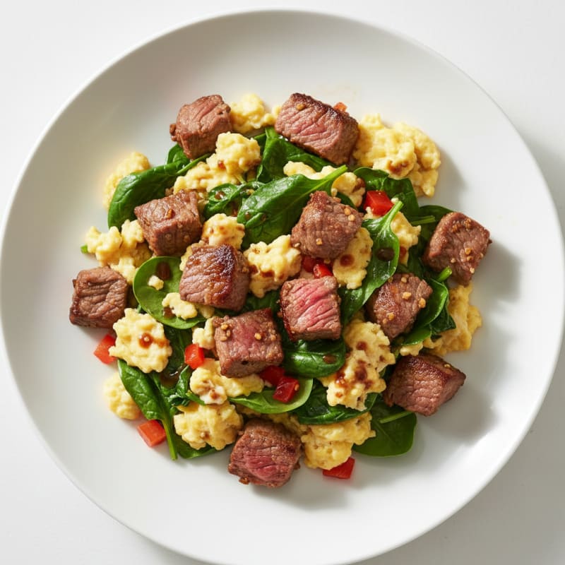 Steak and Egg Scramble with Sautéed Spinach