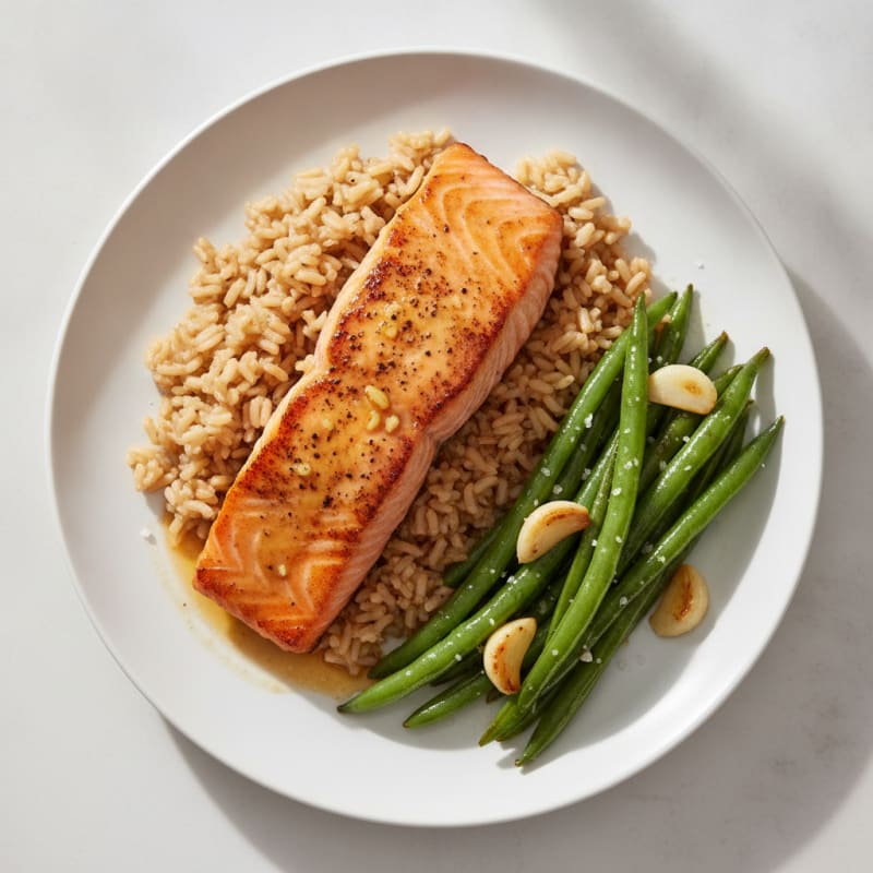 Seared Salmon with Garlic Green Beans and Brown Rice