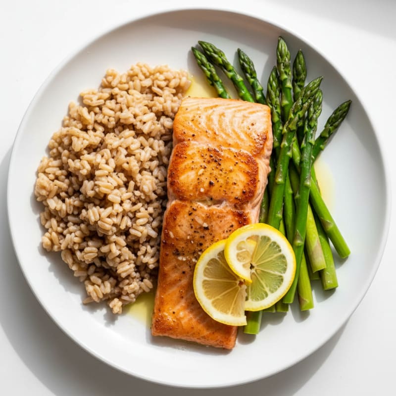 Seared Salmon Fillet with Steamed Asparagus and Brown Rice