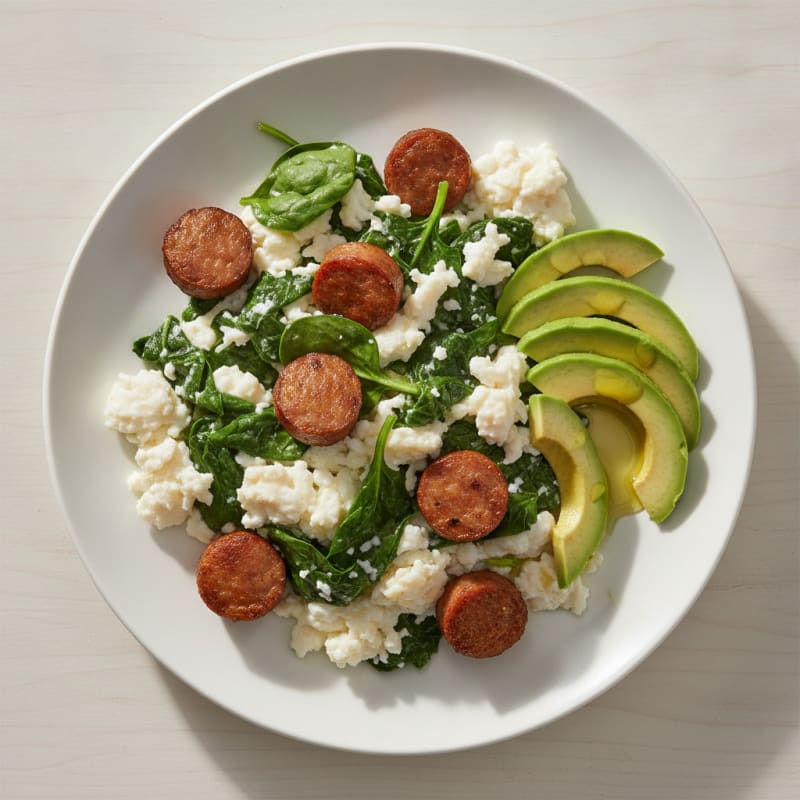 Egg White Spinach Scramble with Turkey Sausage