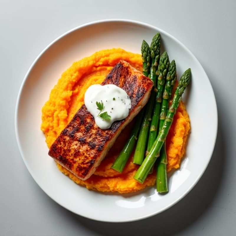 Seared Salmon Fillet with Roasted Asparagus and Sweet Potato Mash