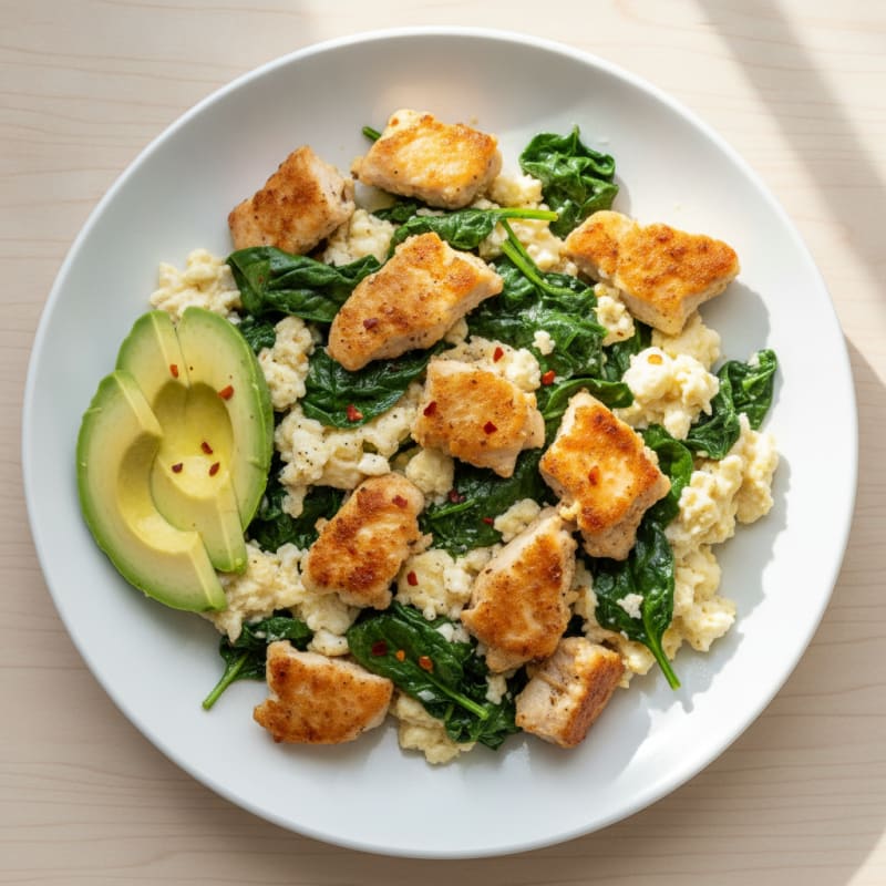 Crispy Chicken Egg White Scramble with Sautéed Spinach