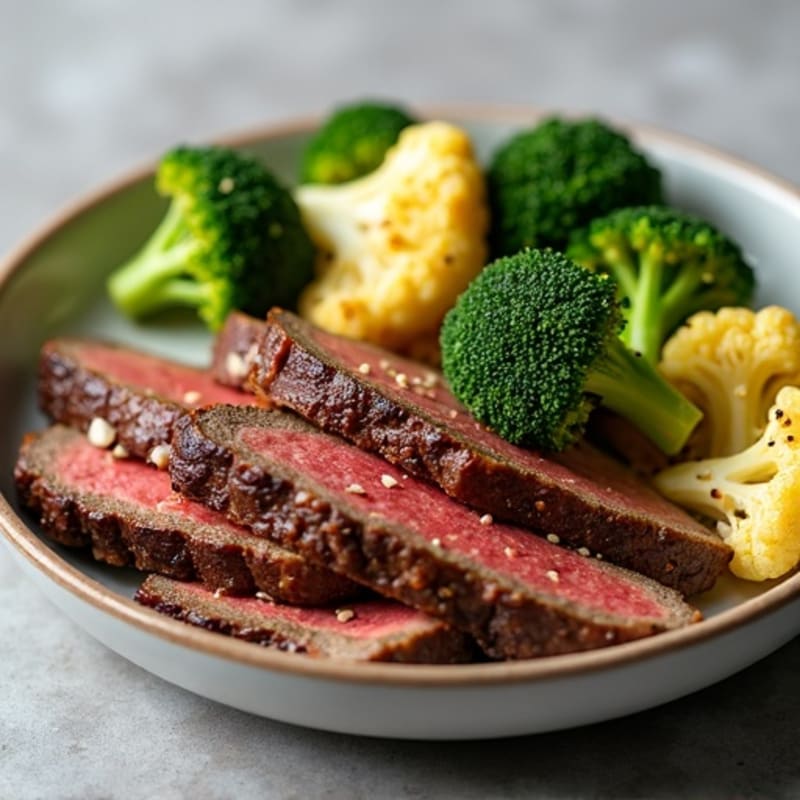 Seared Lean Beef Strips with Roasted Broccoli and Cauliflower