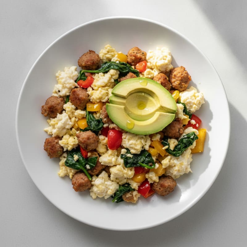 Egg White Veggie Scramble with Turkey Sausage and Spinach