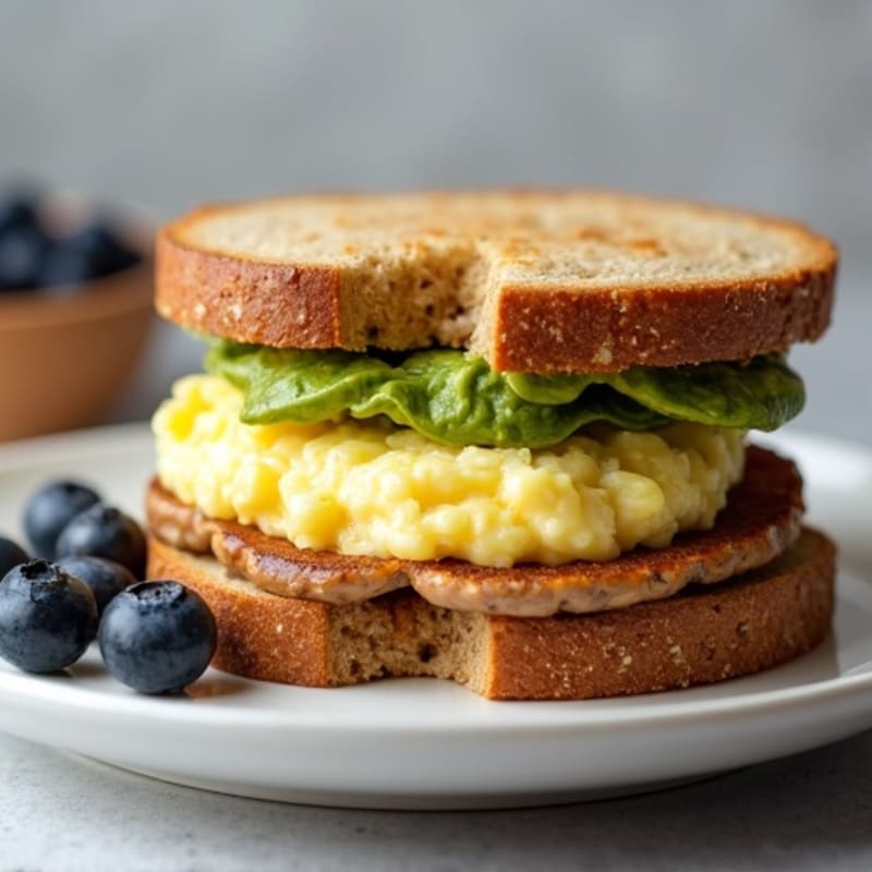 Egg White and Chicken Sausage Breakfast Sandwich with Whole Grain Bread and Fresh Fruit