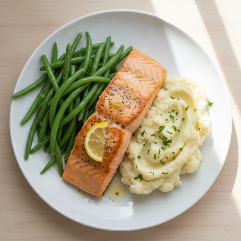 Seared Salmon with Steamed Green Beans and Garlic Mashed Cauliflower