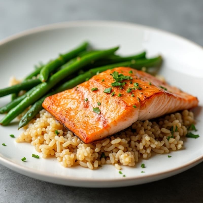 Seared Salmon with Garlic Green Beans and Brown Rice