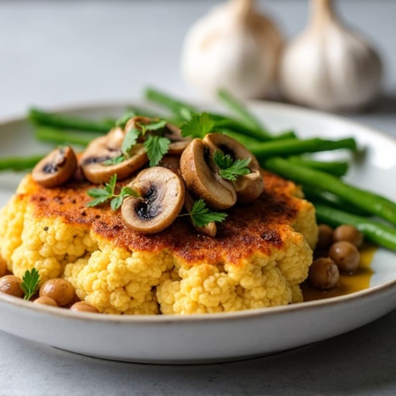 Roasted Cauliflower Steak with Garlic Mushroom Chickpea Tofu Sauce