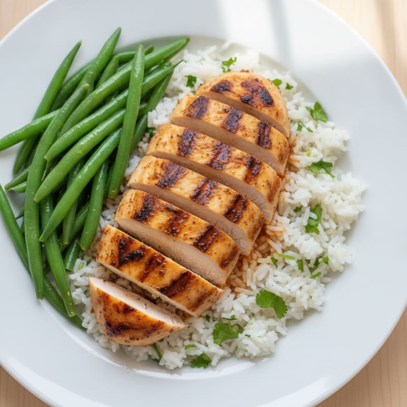 Grilled Chicken Breast with Cilantro Rice and Steamed Green Beans