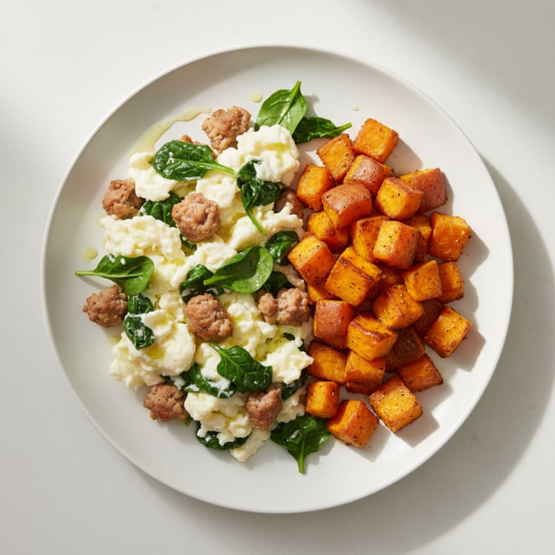 Egg White and Turkey Sausage Scramble with Spinach and Roasted Sweet Potato