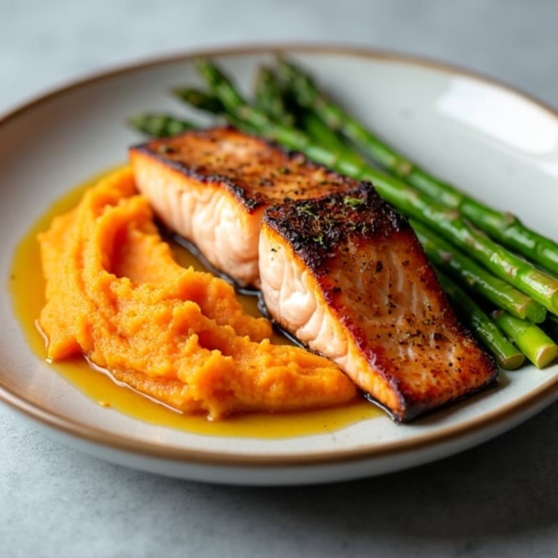 Seared Salmon with Roasted Asparagus and Sweet Potato Mash