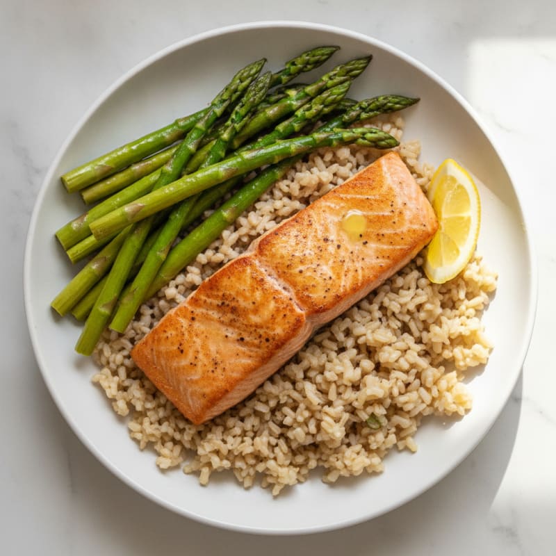 Seared Salmon Fillet with Steamed Asparagus and Brown Rice