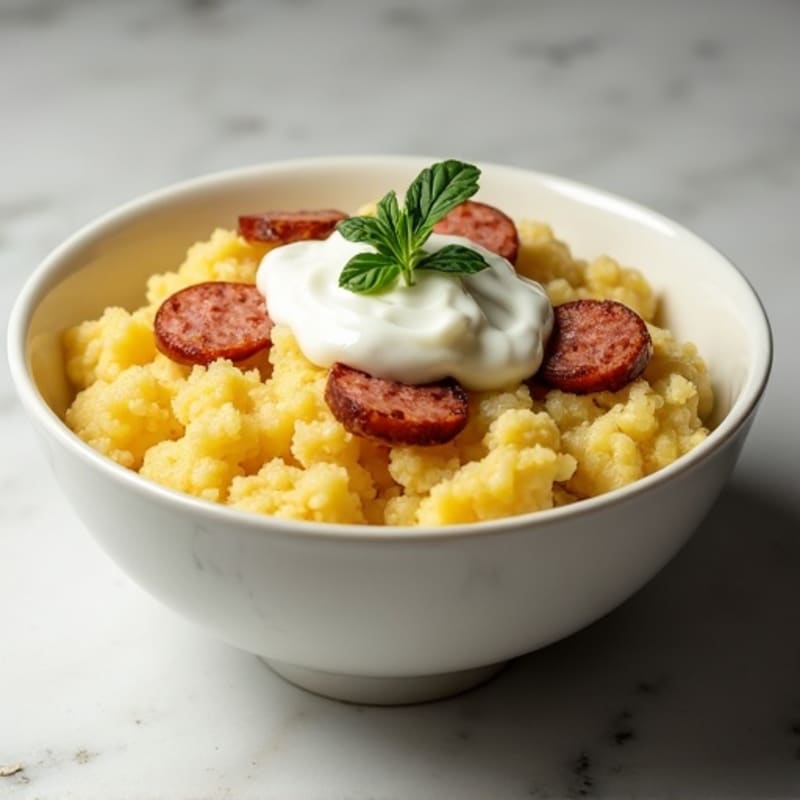 Creamy Cauliflower-Potato Mash with Roasted Garlic and Chicken Sausage