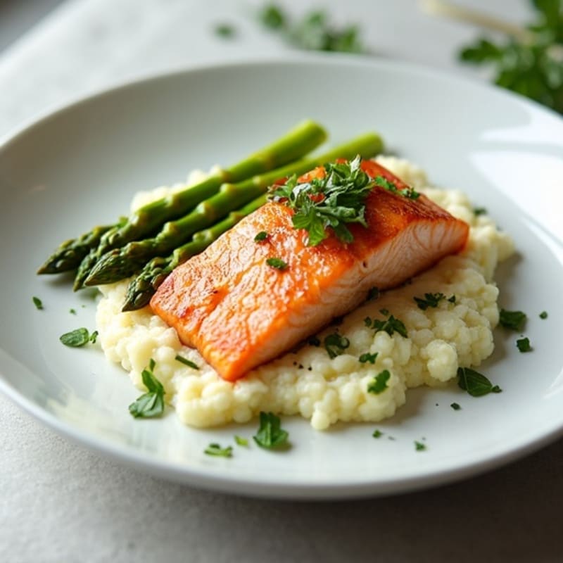 Seared Salmon with Steamed Asparagus and Cauliflower Mash