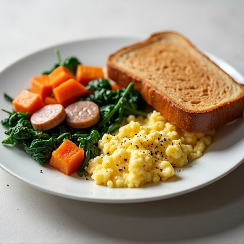 Egg White and Turkey Sausage Scramble with Spinach, Roasted Sweet Potato & Toast
