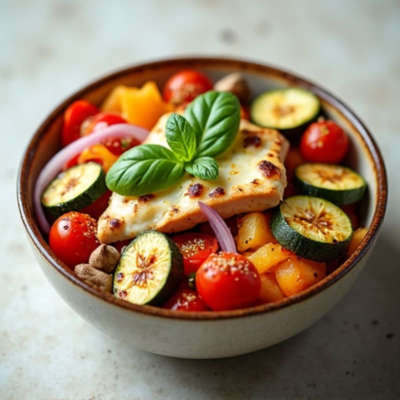 Chicken Pizza Bowl with Fresh Basil and Roasted Vegetables