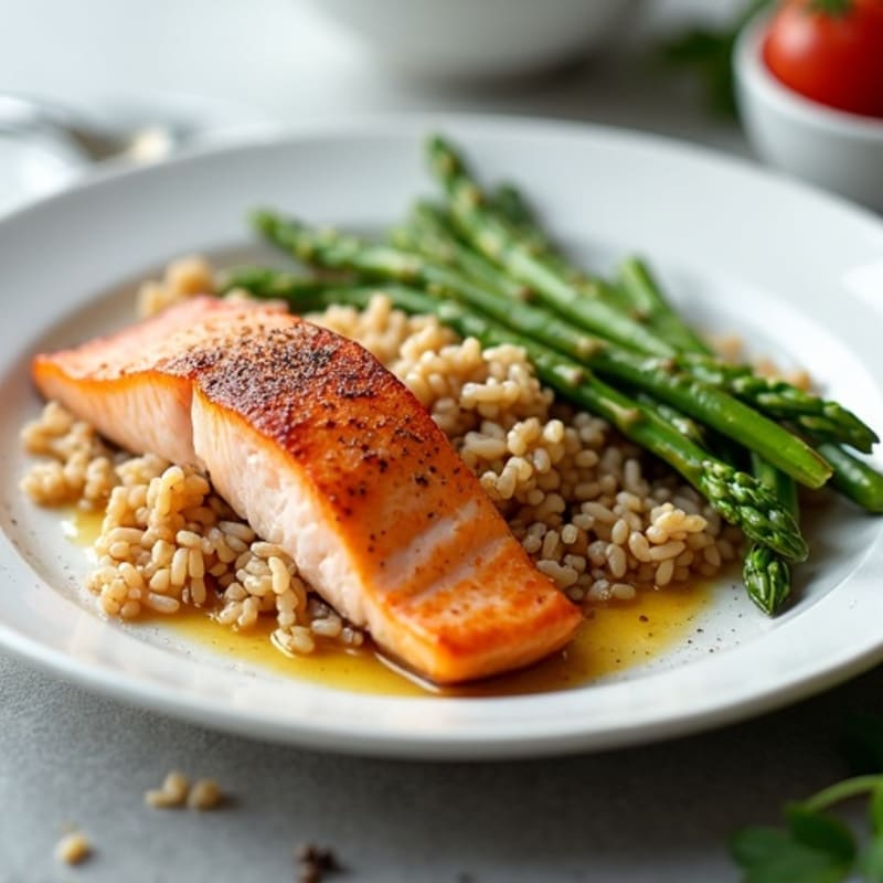 Seared Salmon with Steamed Asparagus and Brown Rice