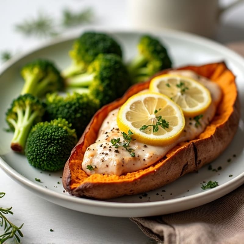 Baked Sweet Potato with Lemon Herb Chicken and Roasted Broccoli