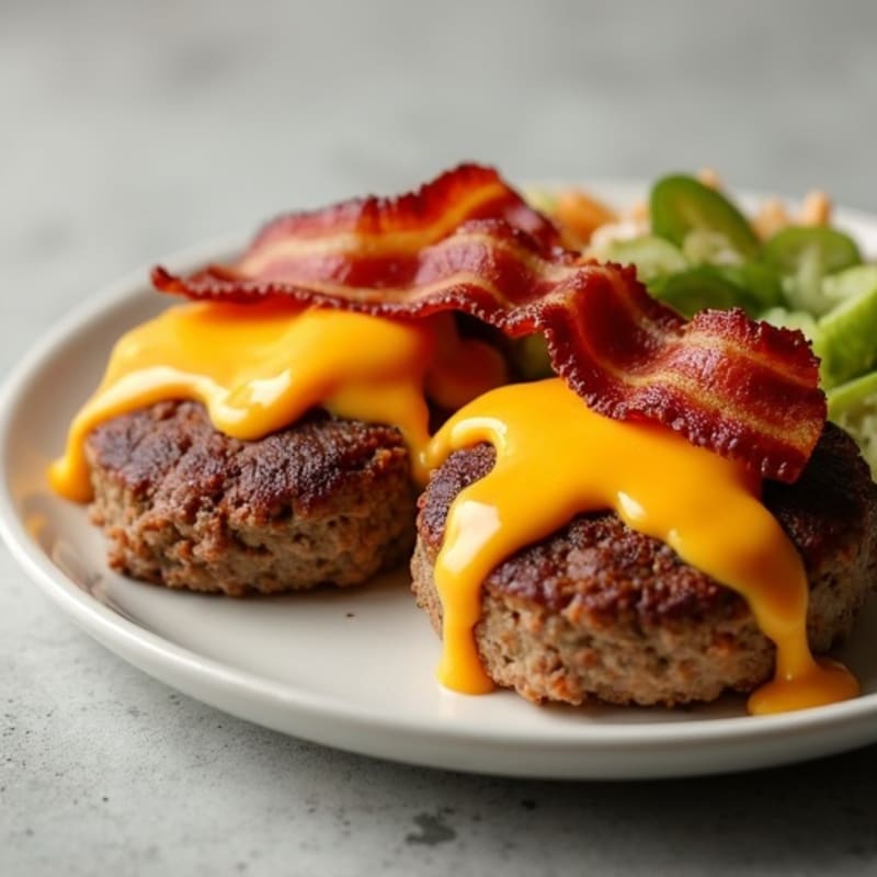 Savory Lean Beef Patties with Crispy Bacon and Creamy Cheddar Sauce