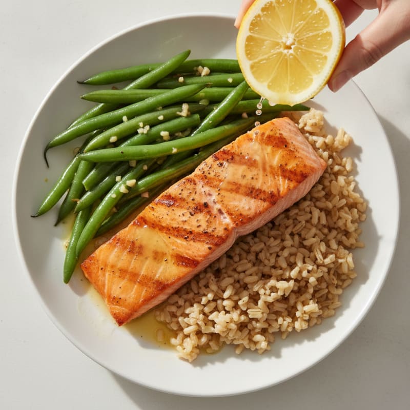 Seared Salmon with Garlic Green Beans and Brown Rice
