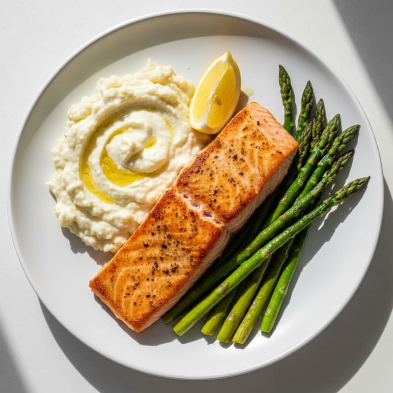 Seared Salmon with Roasted Asparagus and Mashed Cauliflower