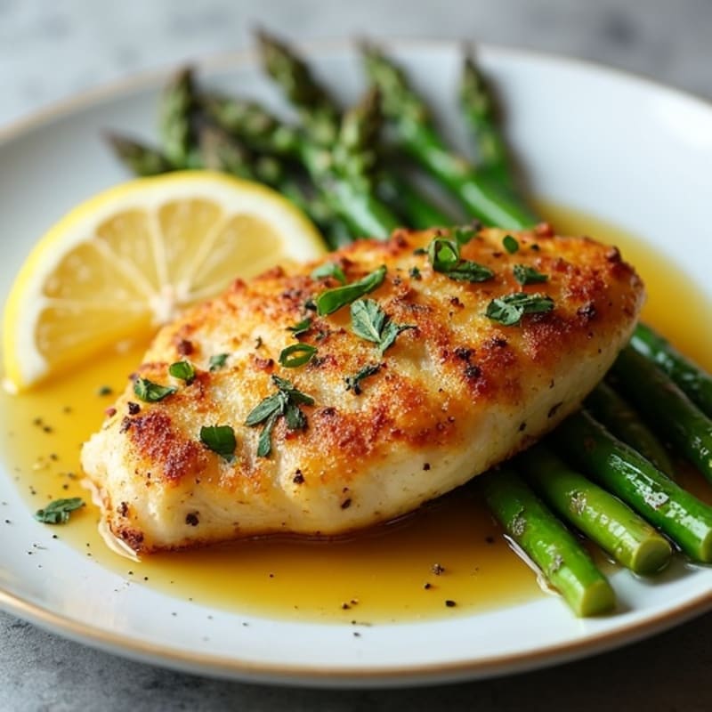Crispy Pan-Seared Lemon Herb Chicken with Roasted Asparagus