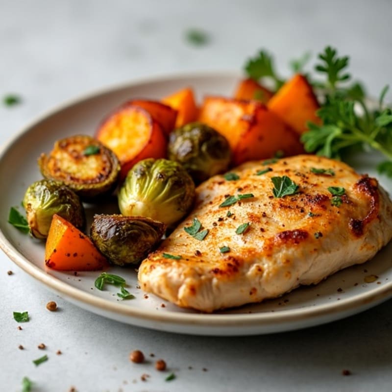 Roasted Chicken with Sweet Potatoes and Crispy Brussels Sprouts