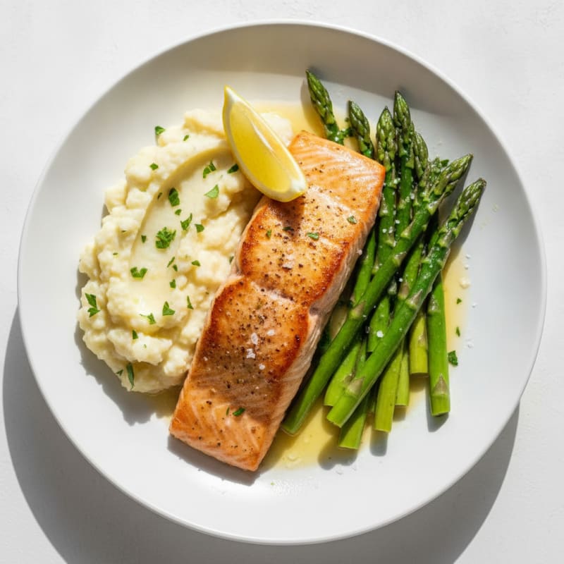 Seared Salmon with Steamed Asparagus and Garlic Mashed Cauliflower