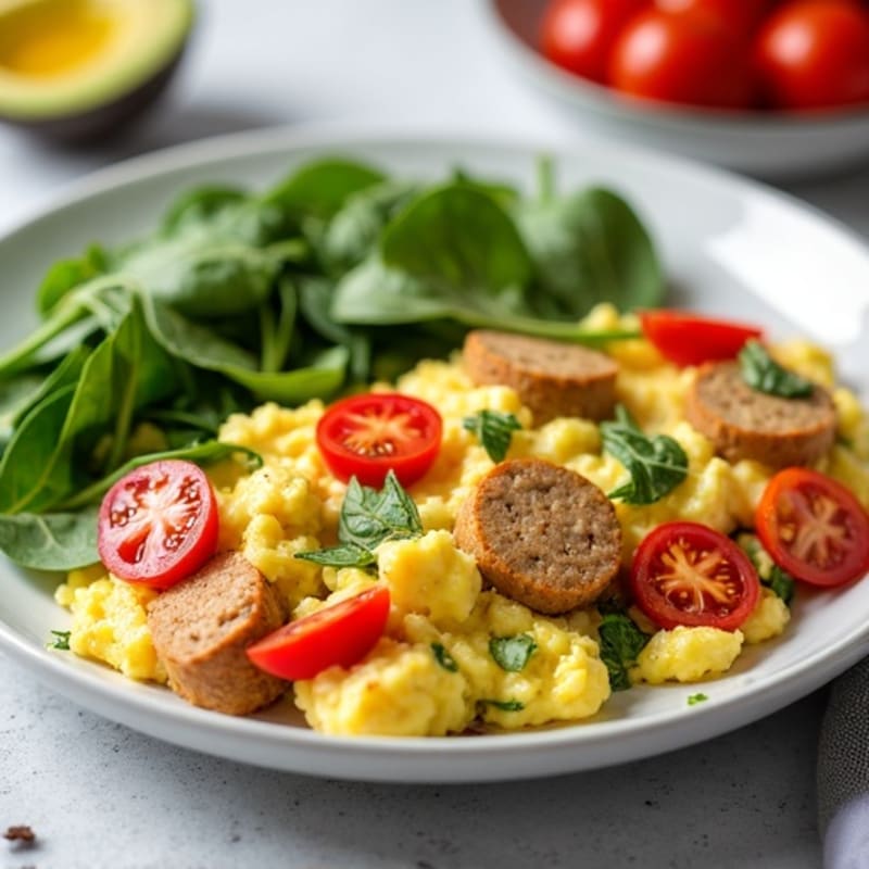 Egg White and Turkey Sausage Scramble with Spinach and Cherry Tomatoes