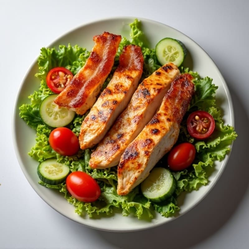 Grilled Chicken and Crispy Turkey Bacon Salad with Fresh Greens and Juicy Tomatoes