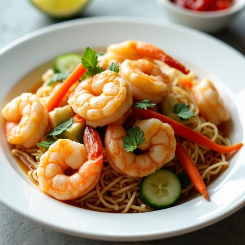 Shrimp with Rice Noodles, Fresh Vegetables, and Savory Peanut Sauce