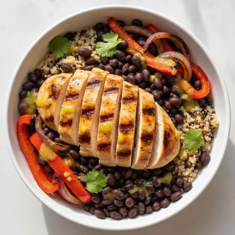 Grilled Chicken and Black Bean Power Bowl with Quinoa and Roasted Vegetables