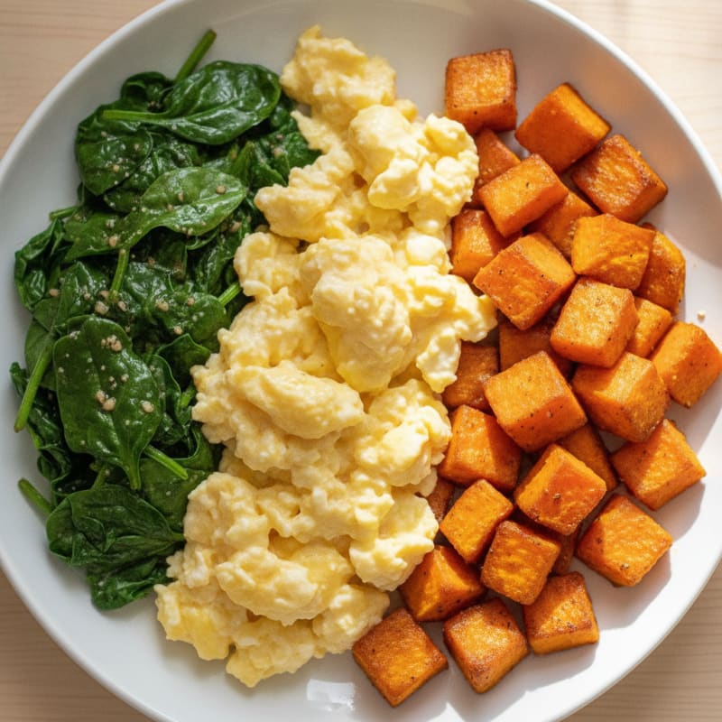 Creamy Scrambled Eggs with Sautéed Spinach and Roasted Sweet Potato