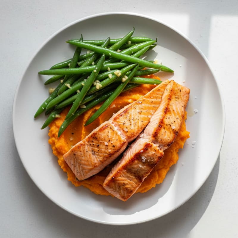 Seared Salmon with Garlic Green Beans and Sweet Potato Mash