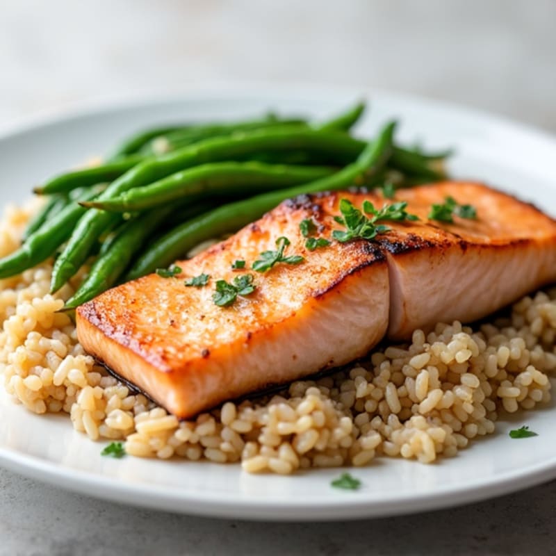 Seared Salmon with Steamed Green Beans and Brown Rice