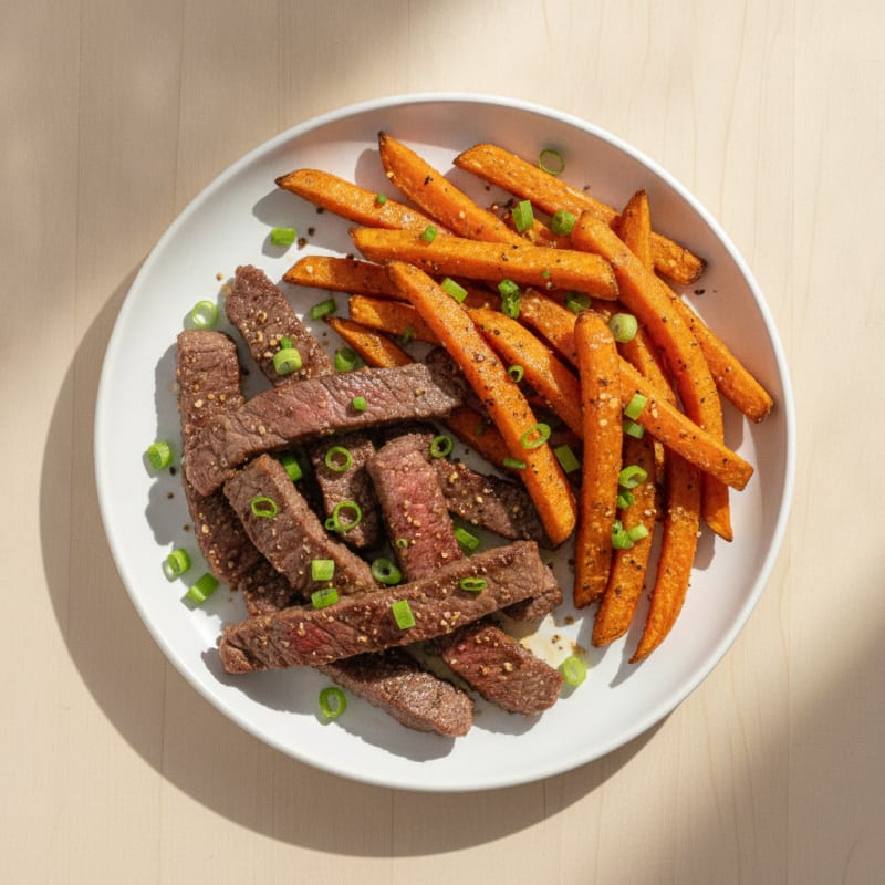 Seared Lean Beef Strips with Roasted Sweet Potato Fries