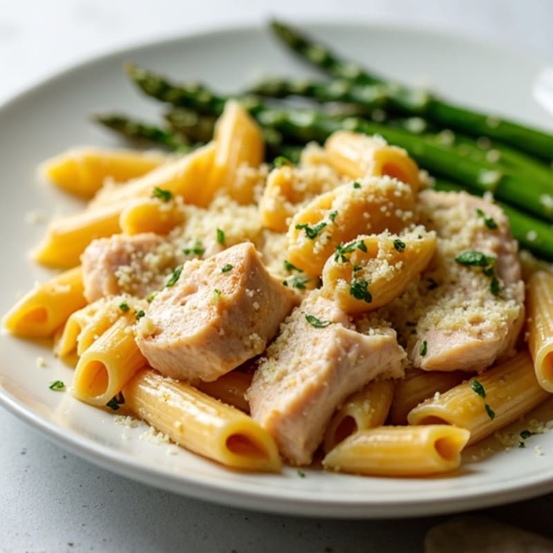Creamy Garlic Parmesan Chicken Pasta with Roasted Asparagus