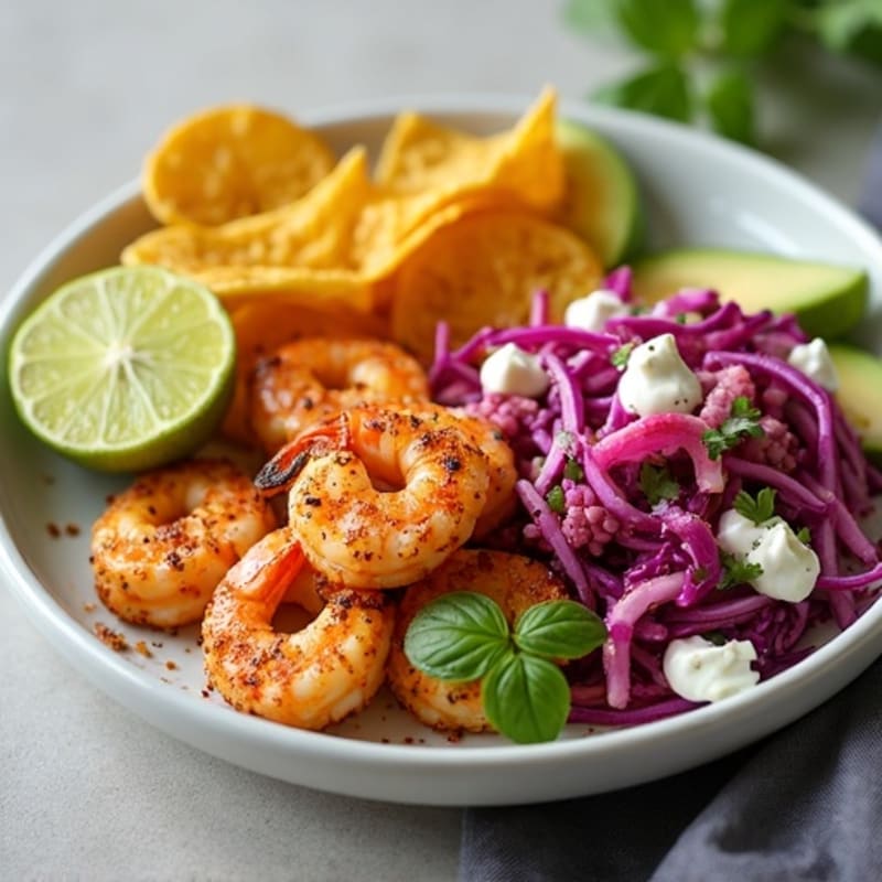 Blackened Shrimp with Creamy Avocado Slaw and Crispy Plantain Chips