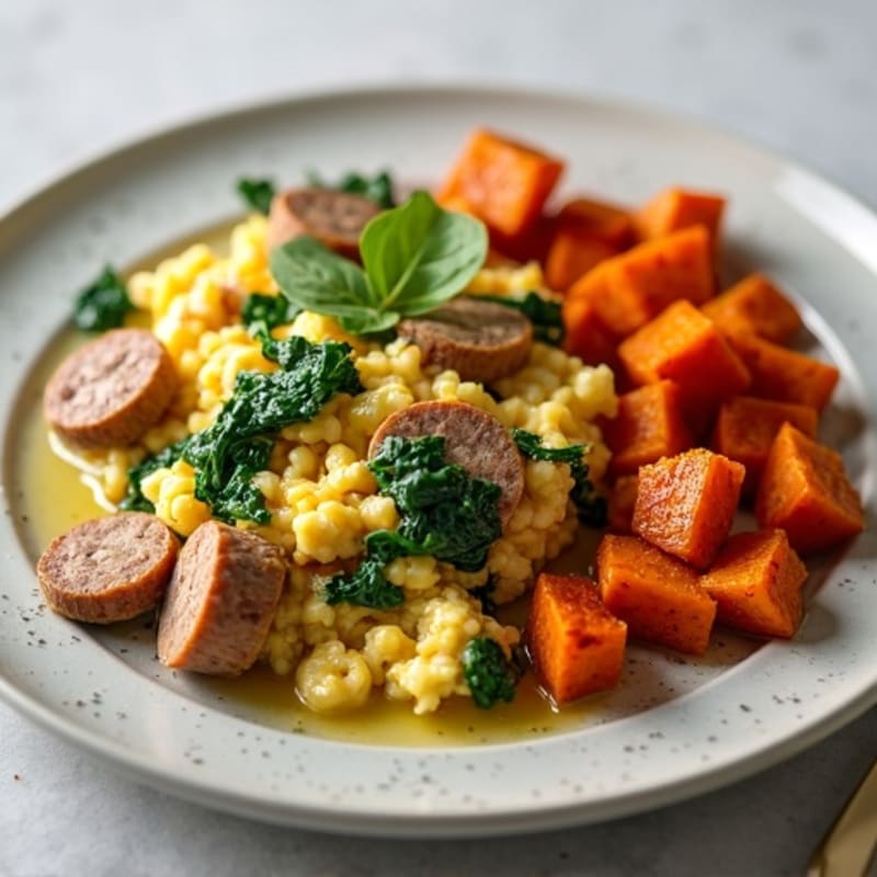 Egg White and Turkey Sausage Scramble with Spinach and Roasted Sweet Potatoes