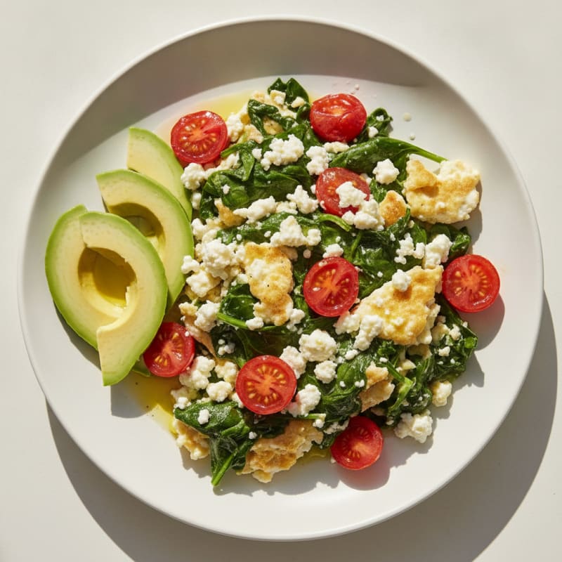 Egg White and Spinach Scramble with Cottage Cheese and Cherry Tomatoes