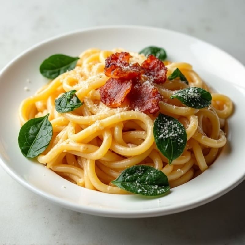 Healthy Creamy Pasta Carbonara with Crispy Turkey Bacon and Spinach